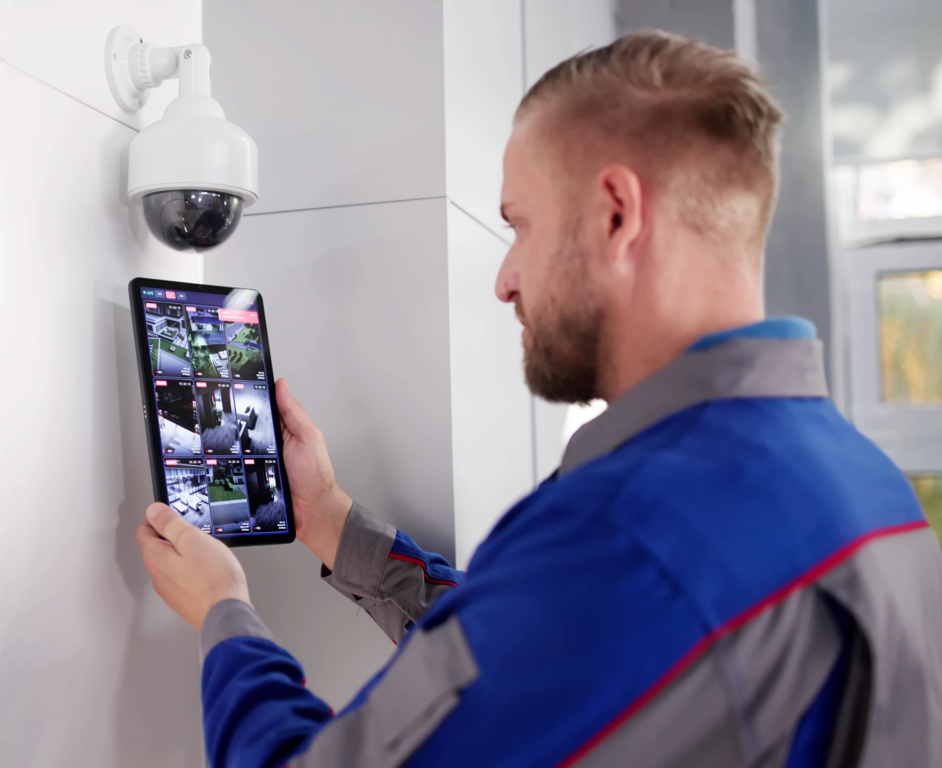 Technician inspecting security camera footage