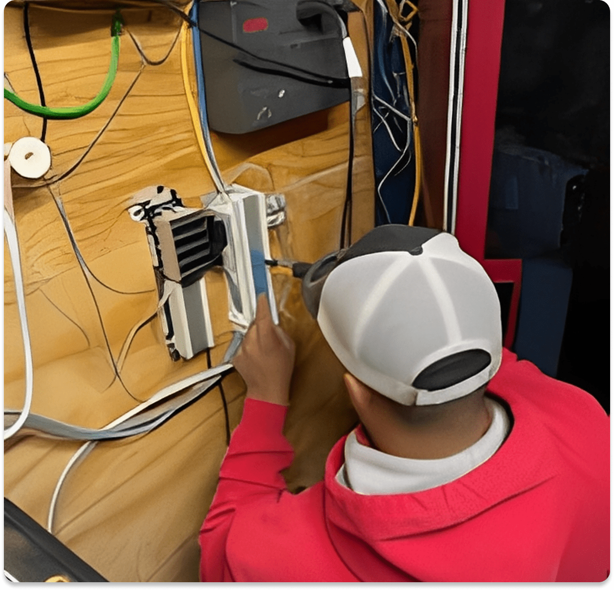 Person installing cables on a wooden panel.